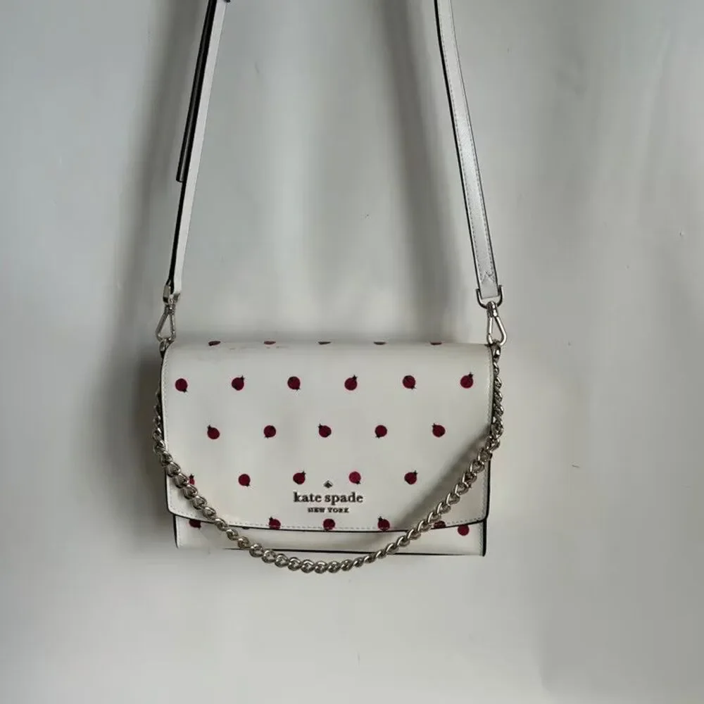 Kate Spade Ladybug Print Crossbody Bag White Saffiano Leather Chain Strap Purse